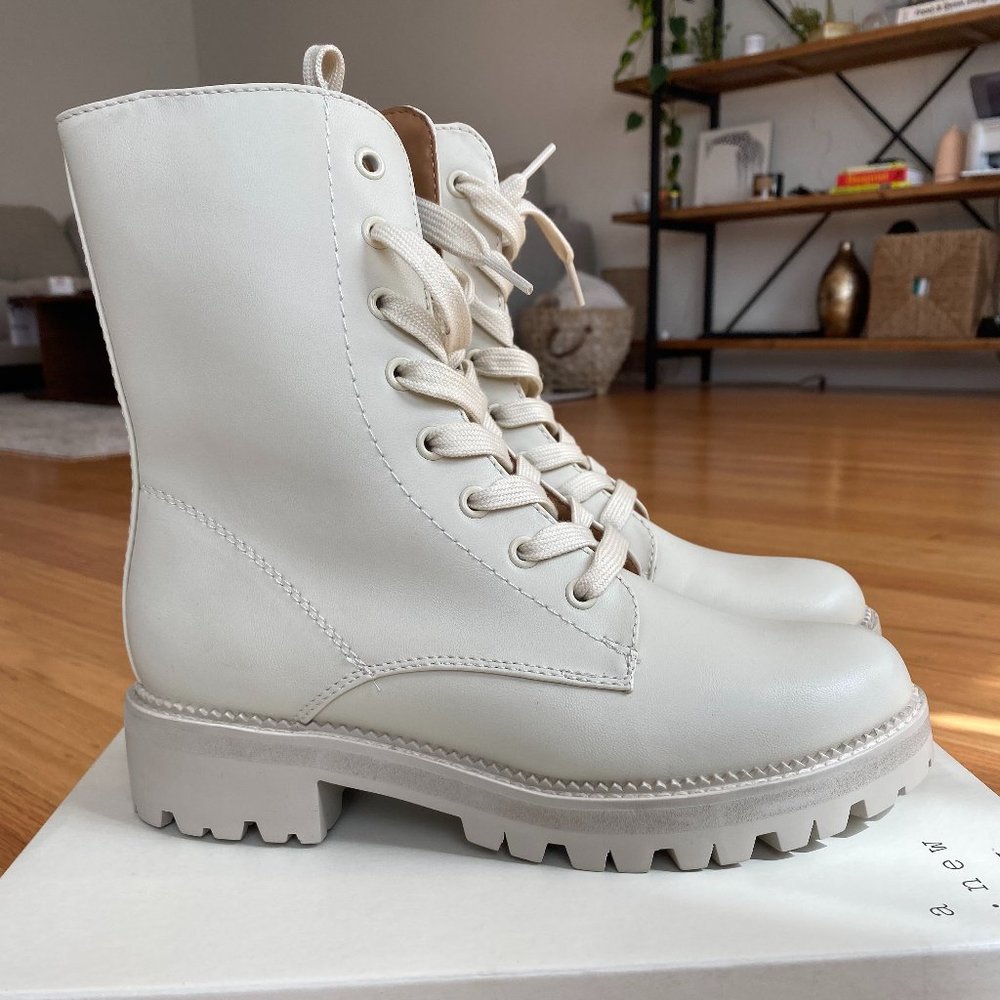 Faux Leather Lace-Up Combat Boots - Cream, Size 7